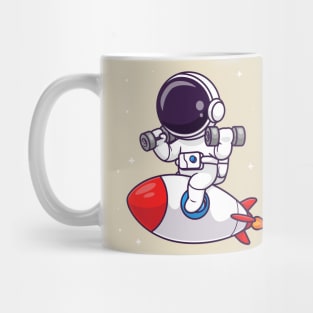 Cute Astronaut Lifting Dumbbell On Rocket Cartoon Mug